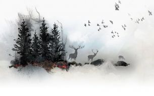 Фотообои Акварельный пейзаж с оленями