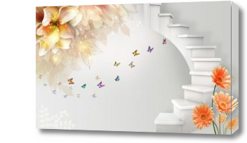 Картина 3D Лестница с красочными бабочками и цветами